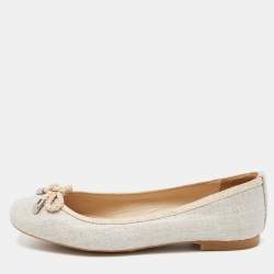Stuart Weitzman Beige Canvas and Leather Trimmed Bow Detail Ballet Flats Size 36.5