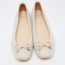 Stuart Weitzman Beige Canvas and Leather Trimmed Bow Detail Ballet Flats Size 36.5