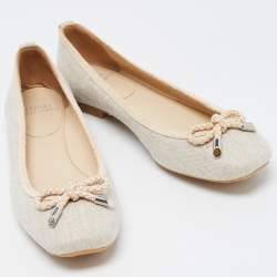 Stuart Weitzman Beige Canvas and Leather Trimmed Bow Detail Ballet Flats Size 36.5