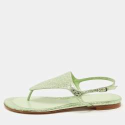 Pre Owned Stuart Weitzman Green Foil Leather Thong Slingback Flat Sandals Size 38