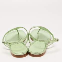 Pre Owned Stuart Weitzman Green Foil Leather Thong Slingback Flat Sandals Size 38