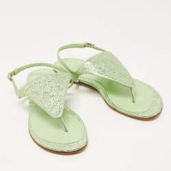 Pre Owned Stuart Weitzman Green Foil Leather Thong Slingback Flat Sandals Size 38