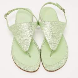 Pre Owned Stuart Weitzman Green Foil Leather Thong Slingback Flat Sandals Size 38