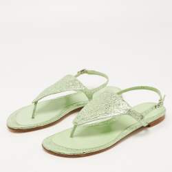 Pre Owned Stuart Weitzman Green Foil Leather Thong Slingback Flat Sandals Size 38