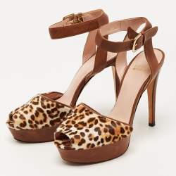 Stuart Weitzman Brown Leather and Leopard Print Pony Hair Platform Ankle Strap Sandals Size 38.5