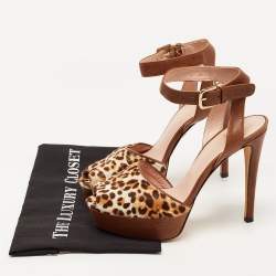 Stuart Weitzman Brown Leather and Leopard Print Pony Hair Platform Ankle Strap Sandals Size 38.5