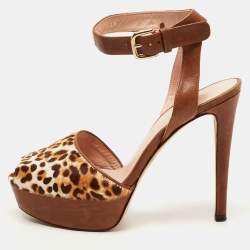 Stuart Weitzman Brown Leather and Leopard Print Pony Hair Platform Ankle Strap Sandals Size 38.5