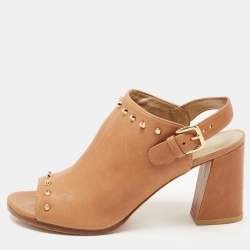 Stuart Weitzman Brown Leather Studded Slingback Block Heel Sandals Size 40