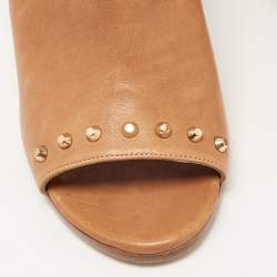Stuart Weitzman Brown Leather Studded Slingback Block Heel Sandals Size 40