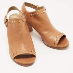 Stuart Weitzman Brown Leather Studded Slingback Block Heel Sandals Size 40