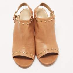 Stuart Weitzman Brown Leather Studded Slingback Block Heel Sandals Size 40