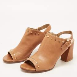 Stuart Weitzman Brown Leather Studded Slingback Block Heel Sandals Size 40