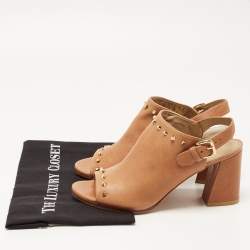 Stuart Weitzman Brown Leather Studded Slingback Block Heel Sandals Size 40