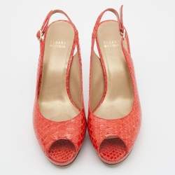 Stuart Weitzman Orange Python Embossed Leather Peep Toe Platform Slingback Pumps Size 40