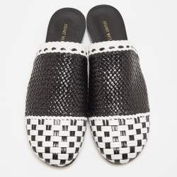 Stuart Weitzman Black/White Woven Leather Indiana Slide Mules Size 37