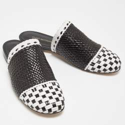 Stuart Weitzman Black/White Woven Leather Indiana Slide Mules Size 37