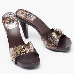 Stuart Weitzman Two Tone Croc Embossed Leather Slides Size 40.5