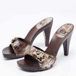 Stuart Weitzman Two Tone Croc Embossed Leather Slides Size 40.5