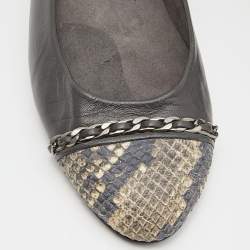 Stuart Weitzman Grey/Beige Leather and Snakeskin Embossed Leather Chain Detail Ballet Flats Size 38.5