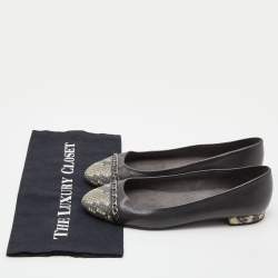 Stuart Weitzman Grey/Beige Leather and Snakeskin Embossed Leather Chain Detail Ballet Flats Size 38.5