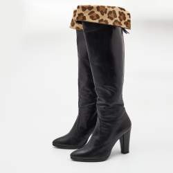Pre Owned Stuart Weitzman Black Leather and Leopard Calf Hair knee Length Boots Size 39