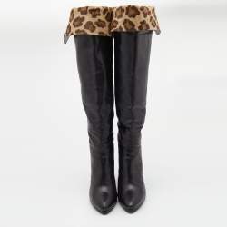 Pre Owned Stuart Weitzman Black Leather and Leopard Calf Hair knee Length Boots Size 39