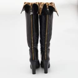 Pre Owned Stuart Weitzman Black Leather and Leopard Calf Hair knee Length Boots Size 39