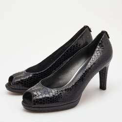 Stuart Weitzman Black Python Embossed Leather Peep Toe Platform Pumps Size 39