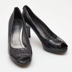 Stuart Weitzman Black Python Embossed Leather Peep Toe Platform Pumps Size 39