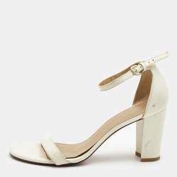 Stuart Weitzman Cream Patent Leather Block Heel Ankle Strap Sandals Size 39.5