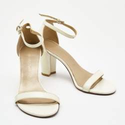 Stuart Weitzman Cream Patent Leather Block Heel Ankle Strap Sandals Size 39.5