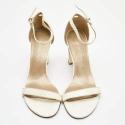 Stuart Weitzman Cream Patent Leather Block Heel Ankle Strap Sandals Size 39.5