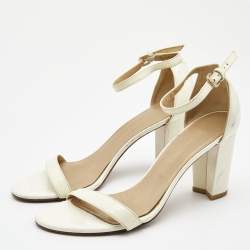 Stuart Weitzman Cream Patent Leather Block Heel Ankle Strap Sandals Size 39.5