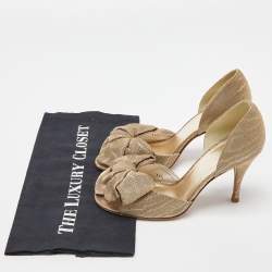 Pre Owned Stuart Weitzman Gold Glitter Fabric Bow Open Toe D'orsay Pumps Size 36.5