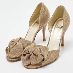Pre Owned Stuart Weitzman Gold Glitter Fabric Bow Open Toe D'orsay Pumps Size 36.5