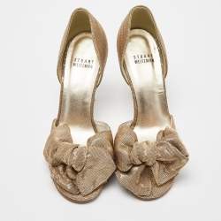Pre Owned Stuart Weitzman Gold Glitter Fabric Bow Open Toe D'orsay Pumps Size 36.5