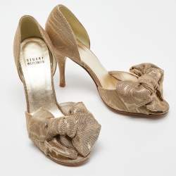 Pre Owned Stuart Weitzman Gold Glitter Fabric Bow Open Toe D'orsay Pumps Size 36.5
