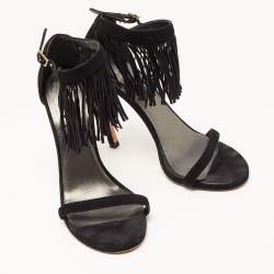 Stuart Weitzman Black Suede Love Fringe Ankle Strap Sandals Size 37.5