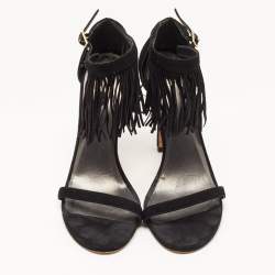 Stuart Weitzman Black Suede Love Fringe Ankle Strap Sandals Size 37.5