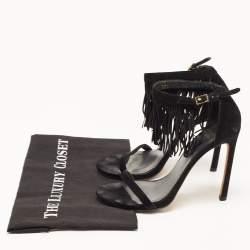 Stuart Weitzman Black Suede Love Fringe Ankle Strap Sandals Size 37.5