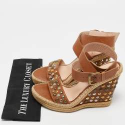 Stuart Weitzman Brown Studded Leather Hubcaps Wedge Sandals Size 39