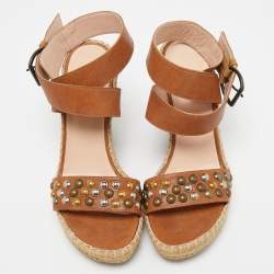 Stuart Weitzman Brown Studded Leather Hubcaps Wedge Sandals Size 39