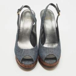 Pre Owned Stuart Weitzman Blue Denim Peep Toe Platform Slingback Sandals Size 40