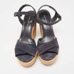 Stuart Weitzman Blue Suede Cross Strap Wedge Sandals Size 37.5