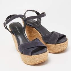 Stuart Weitzman Blue Suede Cross Strap Wedge Sandals Size 37.5
