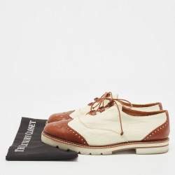 Stuart Weitzman Cream/Brown Canvas and Leather Brogue Oxfords Size 41