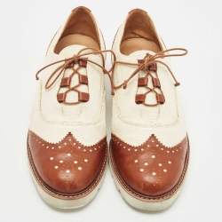 Stuart Weitzman Cream/Brown Canvas and Leather Brogue Oxfords Size 41