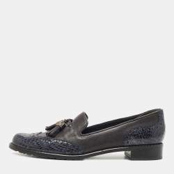Stuart Weitzman Grey/Black Python embossed and Leather Tassel Loafers  Size 37