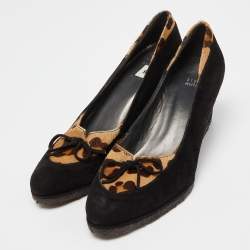 Stuart Weitzman Black/Brown Suede and Calf Hair Wedge Pumps Size 40