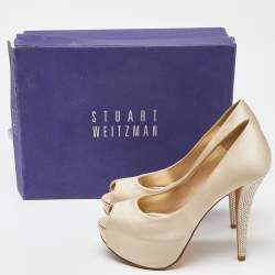 Stuart Weitzman Beige Satin Platform Peep Toe Pumps Size 37